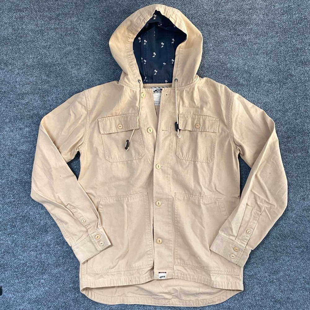 VANS KHAKI CANVAS JACKET BUTTON DOWN PALM TREES LINED HOOD GORPCORE STREETCORE